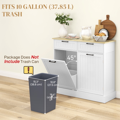 HOMCOM Tilt Out Garbage Cabinet, 10 Gallon Freestanding Kitchen Island with 2 Drawers, Beadboard Trash Cabinet with Storage for Dining Room, Hallway,
