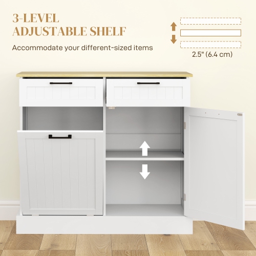 HOMCOM Tilt Out Garbage Cabinet, 10 Gallon Freestanding Kitchen Island with 2 Drawers, Beadboard Trash Cabinet with Storage for Dining Room, Hallway,