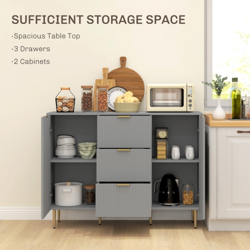 HOMCOM Sideboard Buffet Cabinet, Modern Kitchen Storage Cabinet with 3 Drawers and Adjustable Shelves, Fluted Coffee Bar Cabinet with Metal Legs for