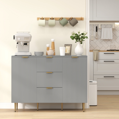 HOMCOM Sideboard Buffet Cabinet, Modern Kitchen Storage Cabinet with 3 Drawers and Adjustable Shelves, Fluted Coffee Bar Cabinet with Metal Legs for