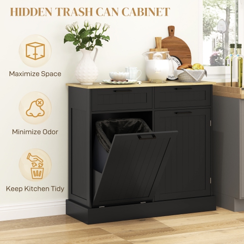 HOMCOM Tilt Out Garbage Cabinet, 10 Gallon Freestanding Kitchen Island with 2 Drawers, Beadboard Trash Cabinet with Storage for Dining Room, Hallway,