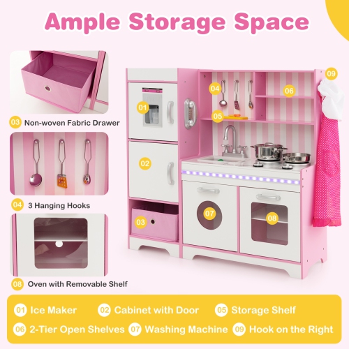 Costway Kids Kitchen Playset Wooden Toy with Adjustable LED Lights & Washing Machine