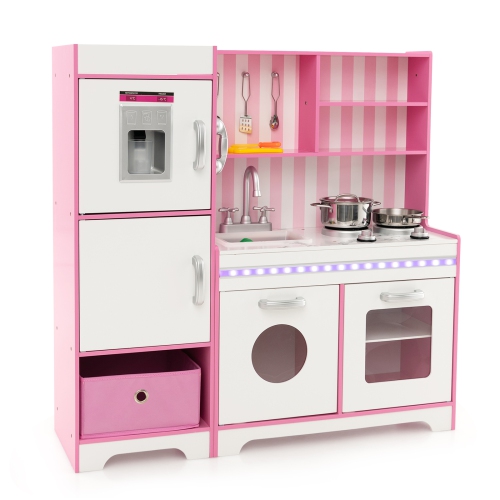 Costway Kids Kitchen Playset Wooden Toy with Adjustable LED Lights & Washing Machine
