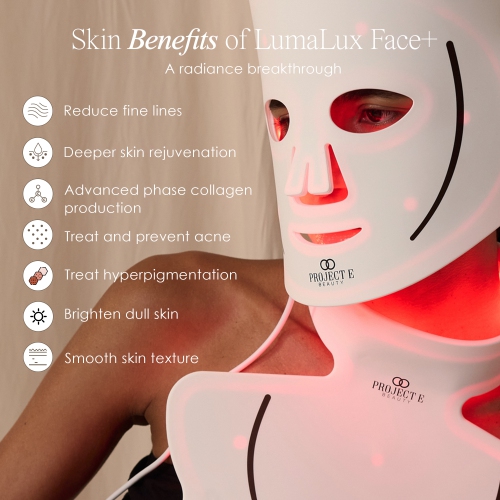 Lumalux Face+ | Masque de luminothérapie Pro LED pour le visage et le cou par Project E Beauty | 1600 DEL | 7+2 couleurs | Avec infrarouge profond