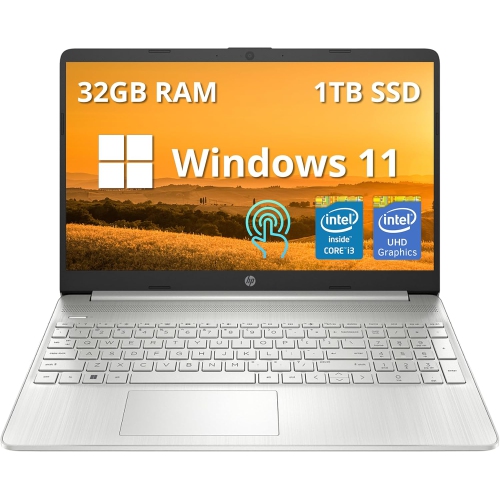 Open Box - HP 15.6" HD Touchscreen Laptop, Intel i3-1215U, 1TB PCIe SSD, 32GB DDR4 RAM, Intel UHD Graphics, 720p Camera, WiFi, Win11, Natural Silver
