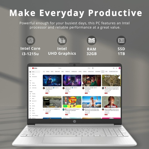 Open Box - HP 15.6" HD Touchscreen Laptop, Intel i3-1215U, 1TB PCIe SSD, 32GB DDR4 RAM, Intel UHD Graphics, 720p Camera, WiFi, Win11, Natural Silver