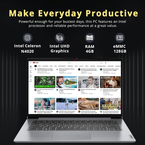 Open Box - Lenovo IdeaPad 1 14'' HD Laptop, Intel Celeron N4020 Processor, 128GB eMMC, 4GB RAM, Intel UHD Graphics, HD Camera, Wi-Fi 6, Windows 11,
