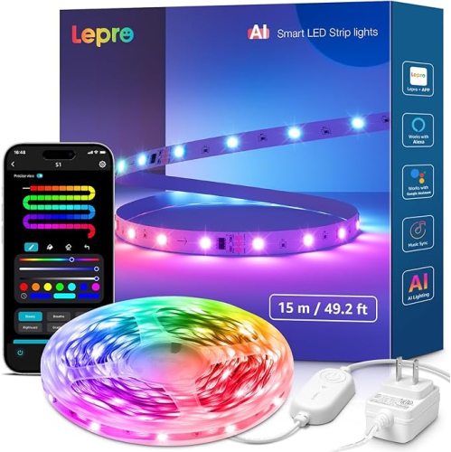 Image 1 de 10.. Lepro S1 AI LED Lights, LLM RGBIC Led Lights Strip for Bedroom, Work with Alexa & Google LED Strip Lights, Music Sync RGB Lights, Color Segment DIY,