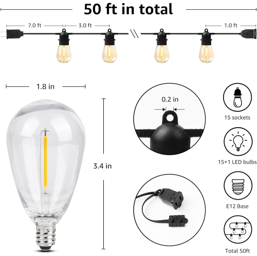 Lepro S14 Outdoor String Lights, 50ft Hanging Patio Lights with 15 Shatterproof LED Edison Bulbs, Waterproof Commercial Bistro Lights, Backyard
