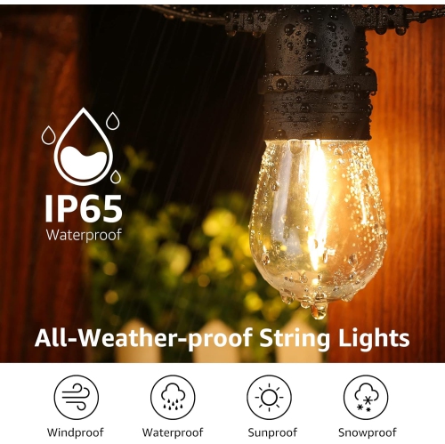 Lepro S14 Outdoor String Lights, 50ft Hanging Patio Lights with 15 Shatterproof LED Edison Bulbs, Waterproof Commercial Bistro Lights, Backyard