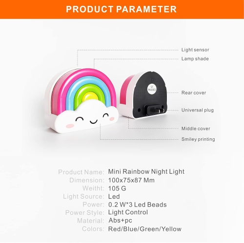 Rainbow Night Light,0.5w Plug in Night Light for Kids, LED Dusk to Dawn Sensor Cute Nursery Gift Nightlight for Baby Children Girl Boy Toddler