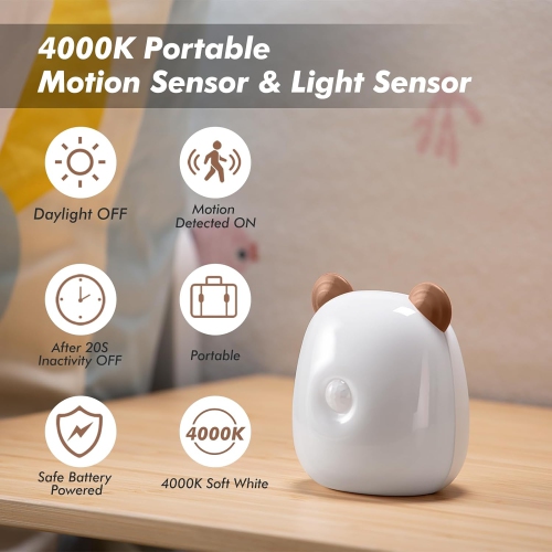 Veilleuse à DEL avec capteur de mouvement pour enfants, chambre de bébé et adulte, lampe de table de chevet rechargeable à piles 4000 K blanc chaud