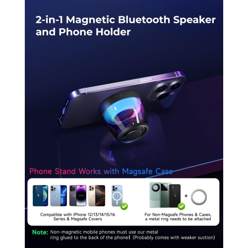 Magnetic Bluetooth Speaker, Portable Bluetooth Speaker with RGB Light, Waterproof Wireless Speaker, Phone Stand
