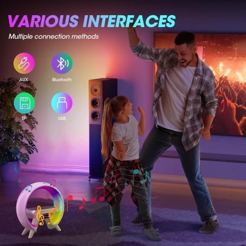 LED Wireless Charging Speaker 15W Fast Charger Station with Bluetooth & Alarm Clock Function with Night Lights, Atmosphere Lamp for Bedroom/Home -