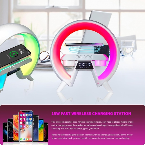 LED Wireless Charging Speaker 15W Fast Charger Station with Bluetooth & Alarm Clock Function with Night Lights, Atmosphere Lamp for Bedroom/Home -