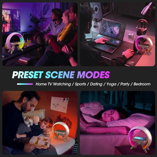 LED Wireless Charging Speaker 15W Fast Charger Station with Bluetooth & Alarm Clock Function with Night Lights, Atmosphere Lamp for Bedroom/Home -