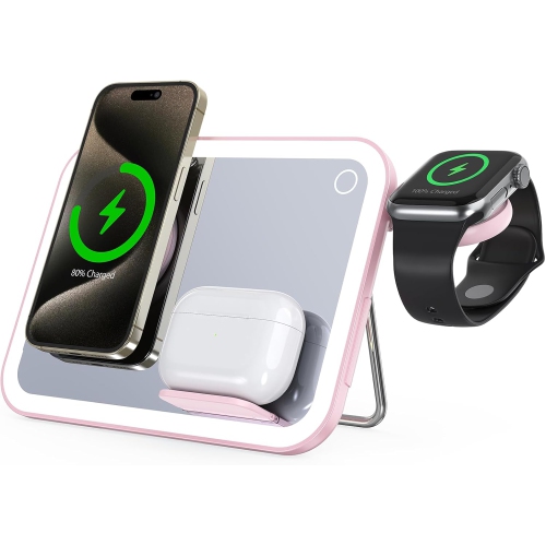 3 in 1 Foldable Magnetic Wireless Charger with Cosmetic Mirror,Makeup Mirror with Light,3-in-1 Charging Station,Charging Stand,for iPhone12-16,Apple
