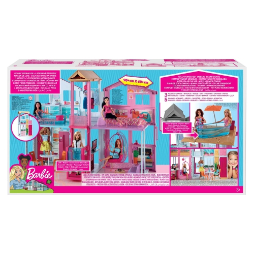 Maison de poupée Barbie, maison en rangée à 3 étages avec 4 pièces et salon sur le toit, meubles et accessoires, y compris chaise berçante
