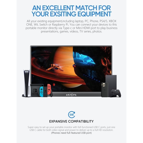 ARZOPA Portable Monitor 17.3", 1080P FHD 100% sRGB IPS Laptop Monitor Gaming Monitor Built-in Kickstand HDMI USB C - A1M