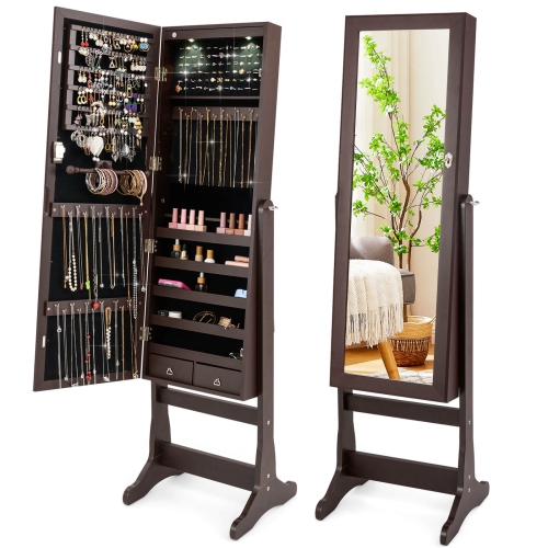 Costway Standing Mirror Jewelry Cabinet, Large Storage Jewelry Organizer w/Full Length Mirror, 4 Adjustable Angles & 2 LED Lights, Lockable Jewelry