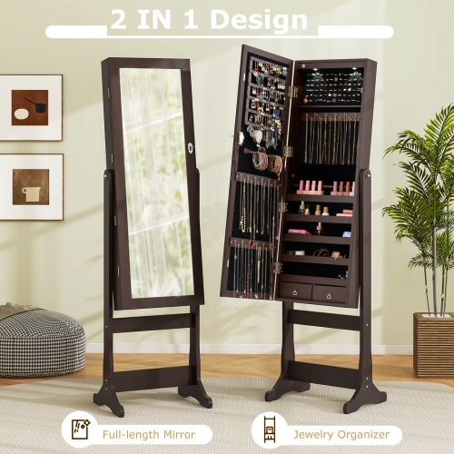 Costway Standing Mirror Jewelry Cabinet, Large Storage Jewelry Organizer w/Full Length Mirror, 4 Adjustable Angles & 2 LED Lights, Lockable Jewelry