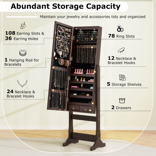 Costway Standing Mirror Jewelry Cabinet, Large Storage Jewelry Organizer w/Full Length Mirror, 4 Adjustable Angles & 2 LED Lights, Lockable Jewelry