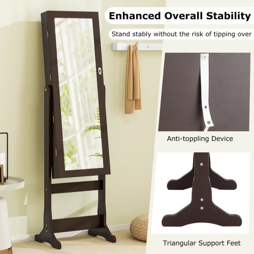 Costway Standing Mirror Jewelry Cabinet, Large Storage Jewelry Organizer w/Full Length Mirror, 4 Adjustable Angles & 2 LED Lights, Lockable Jewelry