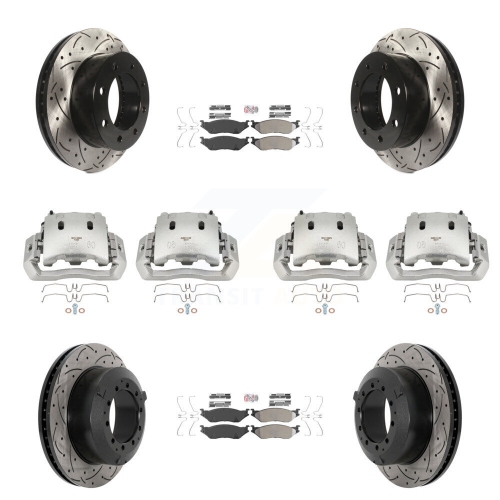 Front Rear Disc Brake Coated Caliper Drilled Slot Rotor Semi-Metallic Pad Kit For KCD-100782N