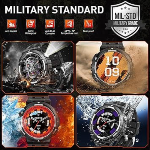Military Smart Watches for Men(Answer/Make Calls) with LED Flashlight 3ATM Waterproof Smartwatch with 100+ Sports Modes 1.53" Tactical Fitness