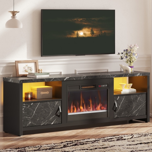 Bestier 71 inch Fireplace TV Stand for TVs up to 75", Fireplace Media Console with LED Lights and Storage Cabinets with Electric Fireplace Included