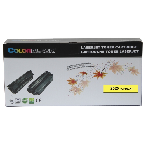 COLORBLACK® Premium Remanufactured HP CF502X 202X Yellow High Yield Toner Cartridge with Chip. 2500 Page Yield.