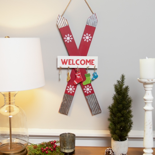 NORTHLIGHT  Wooden Welcome Skis With Christmas Stockings Hanging Decoration - 23.5"