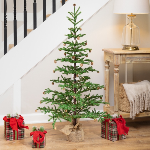 Pre-lit Christmas Tree with Pinecones and Burlap Base - 4' - Clear Lights