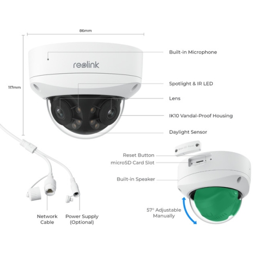 Duo 2 V PoE de Reolink - Caméra PoE IK10 UHD 8 Mpx 4K à deux objectifs avec vue panoramique à 180°, vision nocturne à projecteur ponctuel