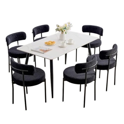 DYHOME  Dining Chairs Set Of 6 Boucle Dining Chairs Round Upholstered Curved Backrest, Modern Kitchen Dining Room Chairs With Metal Legs In Black