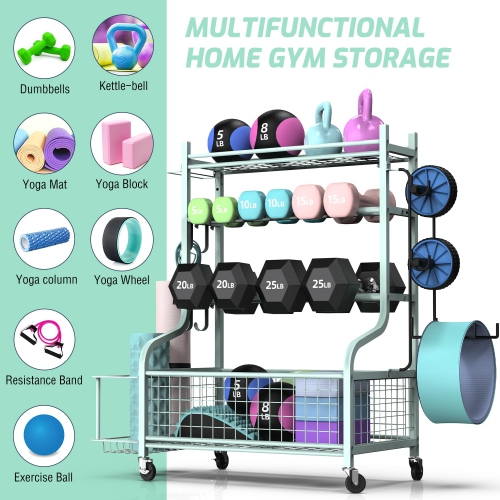 Zachvo Dumbbell Rack, Home Gym Storage, Weight Rack for Dumbbells, Yoga Rack, Kettlebells and Yoga Mat Storage, Gym Storage Rack with Wheels and