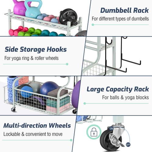Zachvo Dumbbell Rack, Home Gym Storage, Weight Rack for Dumbbells, Yoga Rack, Kettlebells and Yoga Mat Storage, Gym Storage Rack with Wheels and