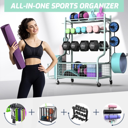 Zachvo Dumbbell Rack, Home Gym Storage, Weight Rack for Dumbbells, Yoga Rack, Kettlebells and Yoga Mat Storage, Gym Storage Rack with Wheels and