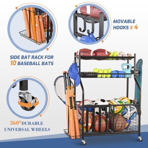 Zachvo Sports Equipment Organizer Garage Rack with Hooks and Baskets for Balls