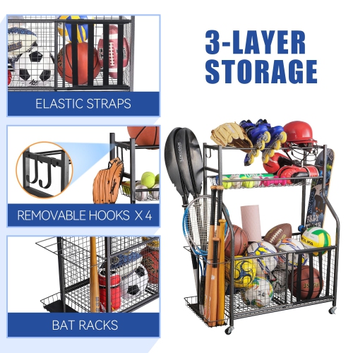 Zachvo Basketball Rack with Wheels Sports Equipment Storage for Football Volleyball and Basketball