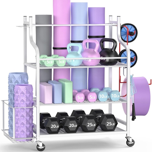 Support de rangement blanc pour tapis de yoga de Zachvo pour salle de sport à la maison pour haltères, rouleaux en mousse, sangles de yoga, bandes de