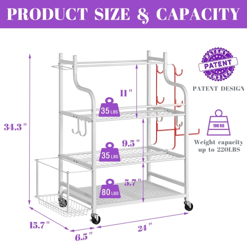 Zachvo White Yoga Mat Storage Rack Home Gym Organizer for Dumbbells Foam Rollers Yoga Straps Resistance Bands with Wheels and Hooks