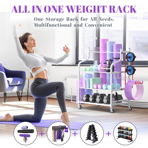Zachvo White Yoga Mat Storage Rack Home Gym Organizer for Dumbbells Foam Rollers Yoga Straps Resistance Bands with Wheels and Hooks