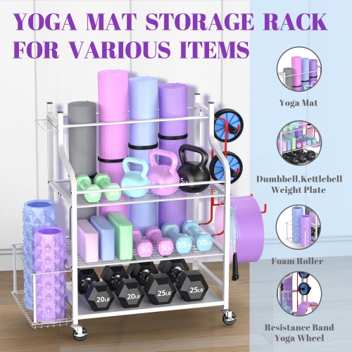 Zachvo White Yoga Mat Storage Rack Home Gym Organizer for Dumbbells Foam Rollers Yoga Straps Resistance Bands with Wheels and Hooks