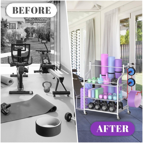 Zachvo White Yoga Mat Storage Rack Home Gym Organizer for Dumbbells Foam Rollers Yoga Straps Resistance Bands with Wheels and Hooks