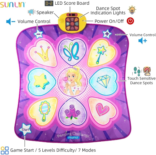 Tapis de danse avec lumières DEL pour filles de 3 à 10 ans, 9 chansons, 7 modes de jeu, 5 niveaux de difficulté, volume réglable Cadeau idéal pour No