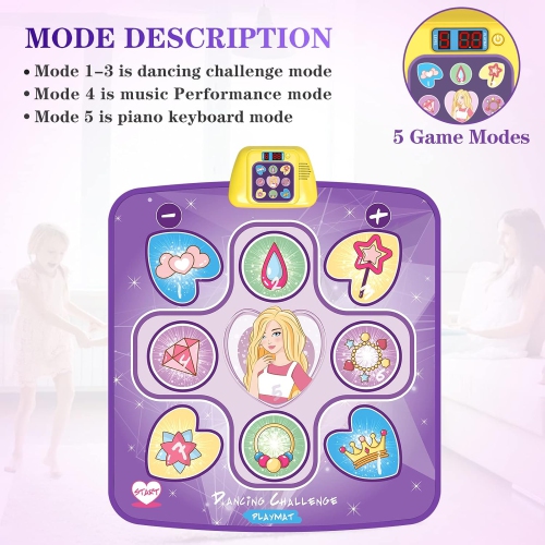 Tapis de danse pour filles de 3 à 10 ans, tapis de danse lumineux à DEL avec volume réglable, 5 modes de jeu et 3 niveaux de défi – jouet amusant à o