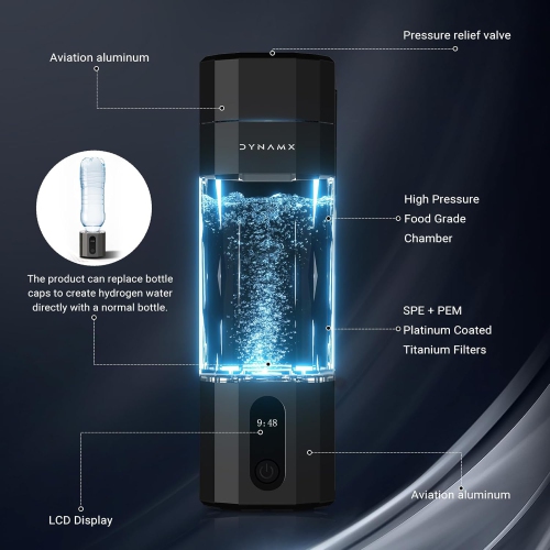 Bouteille d'eau d'hydrogène portative, générateur d'hydrogène DYNAMX 6000PPB avec technologie SPE/PEM, machine à eau hydrogénée Cutting-Edge, noir