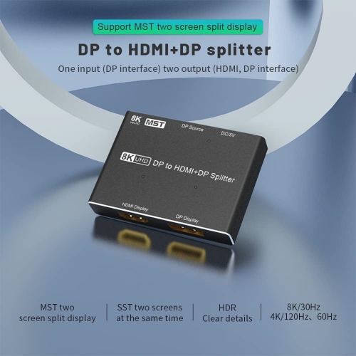DisplayPort to DisplayPort HDMI-Compatible Splitter Adapter MST SST Mode 8K@30Hz 4K@120Hz 1 in 2 Out Directional DP1.4 Splitter Dual Monitor for DP