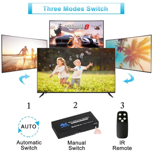 4K HDMI Switch 4x1, 4K@60Hz 4 in 1 Out HDMI Switcher Selector with IR Remote Control, Supports HDCP 2.2 4K@60Hz UltraHD HDR10 3D HD1080P Dolby DST,